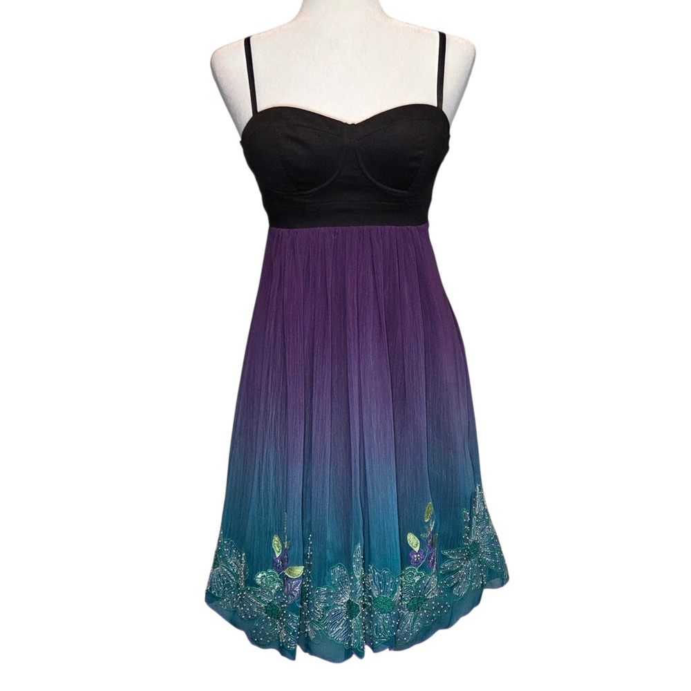 Guess Midi Dress Ethereal Dark Fairy Floral Beaded Sweetheart Neck Womens Medium